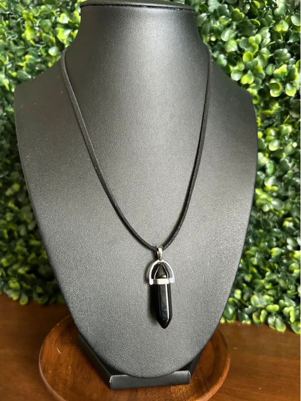 Black Obsidian Crystal Point Pendant Necklace Suede Cord